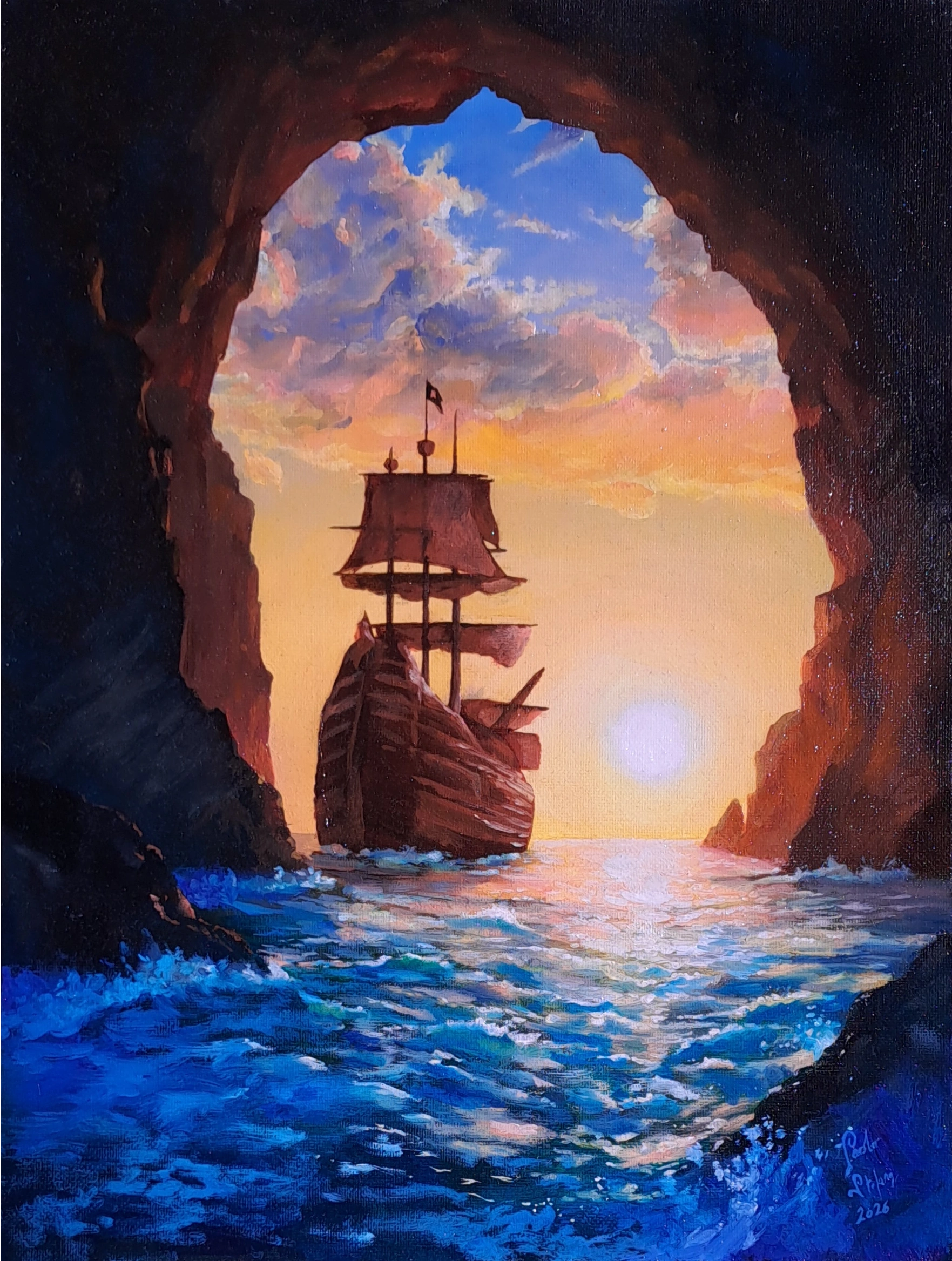 Nave pirata che salpa da una grotta