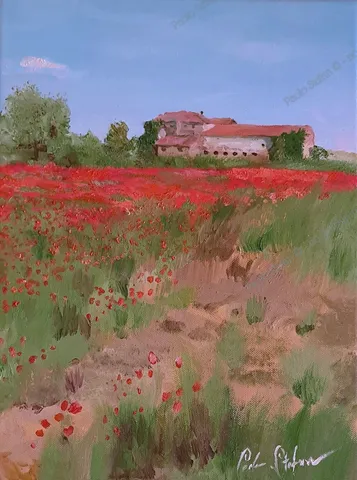 Campo di papaveri en plein air a olio su tela
