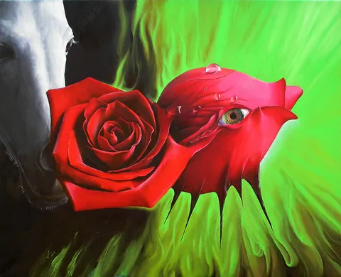Una rosa con un occhio al centro, a olio su tela
